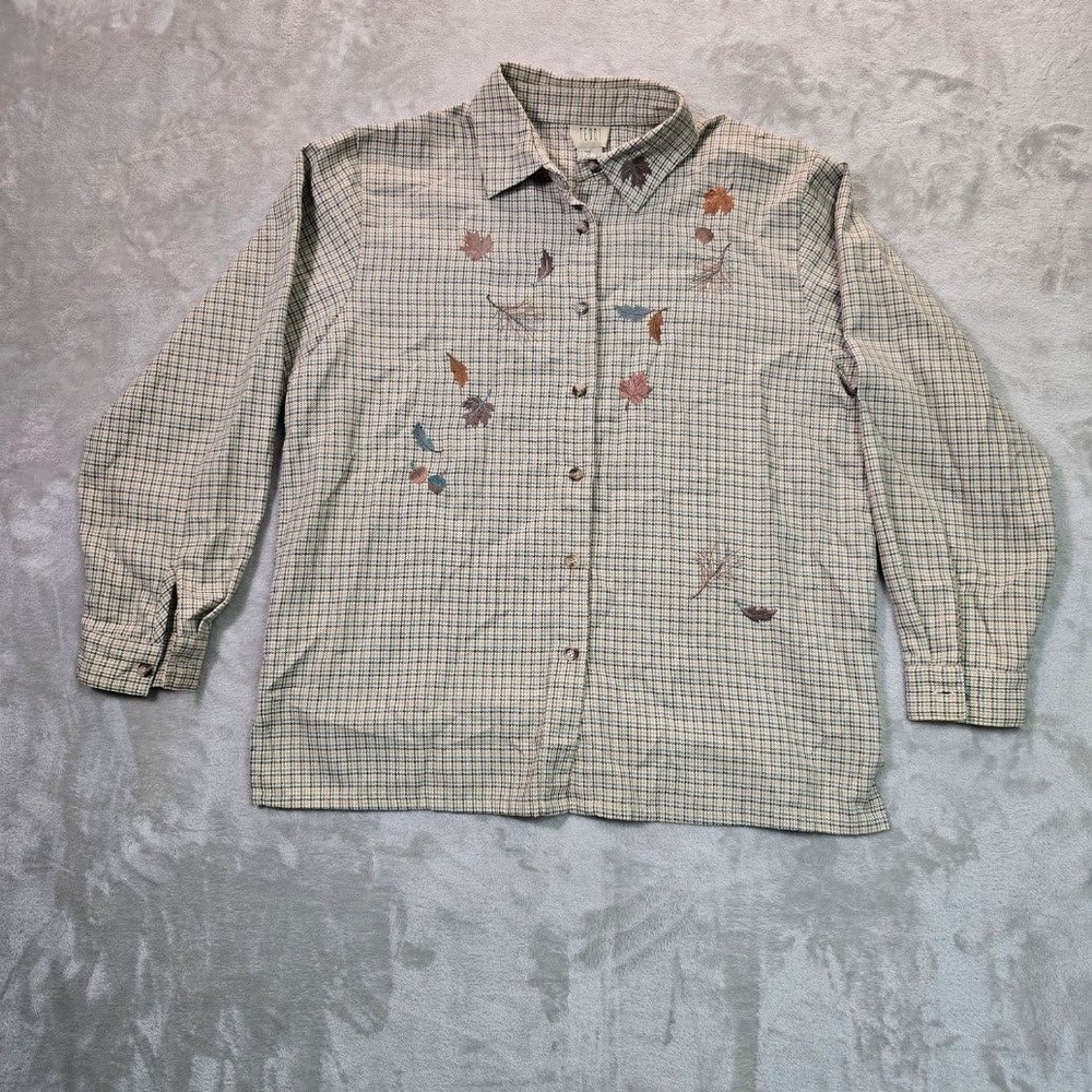 Teddi Womens Large Plaid Button Up Blouse Embroidered Fall Leaves Acorn 31631